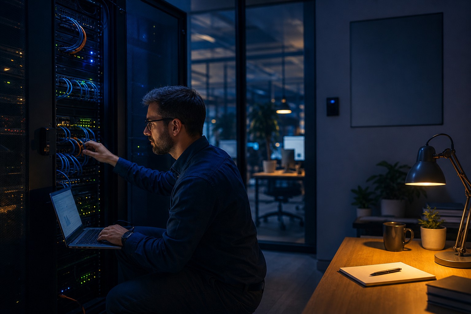 IT professional maintaining a secure network after hours.