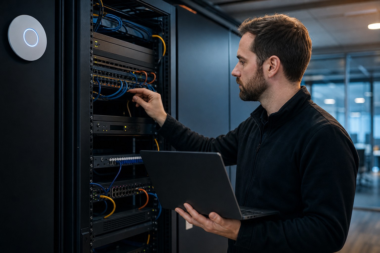 A technician assessing small business network equipment.